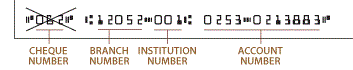 Void Cheque showing location of branch, institution, and account numbers